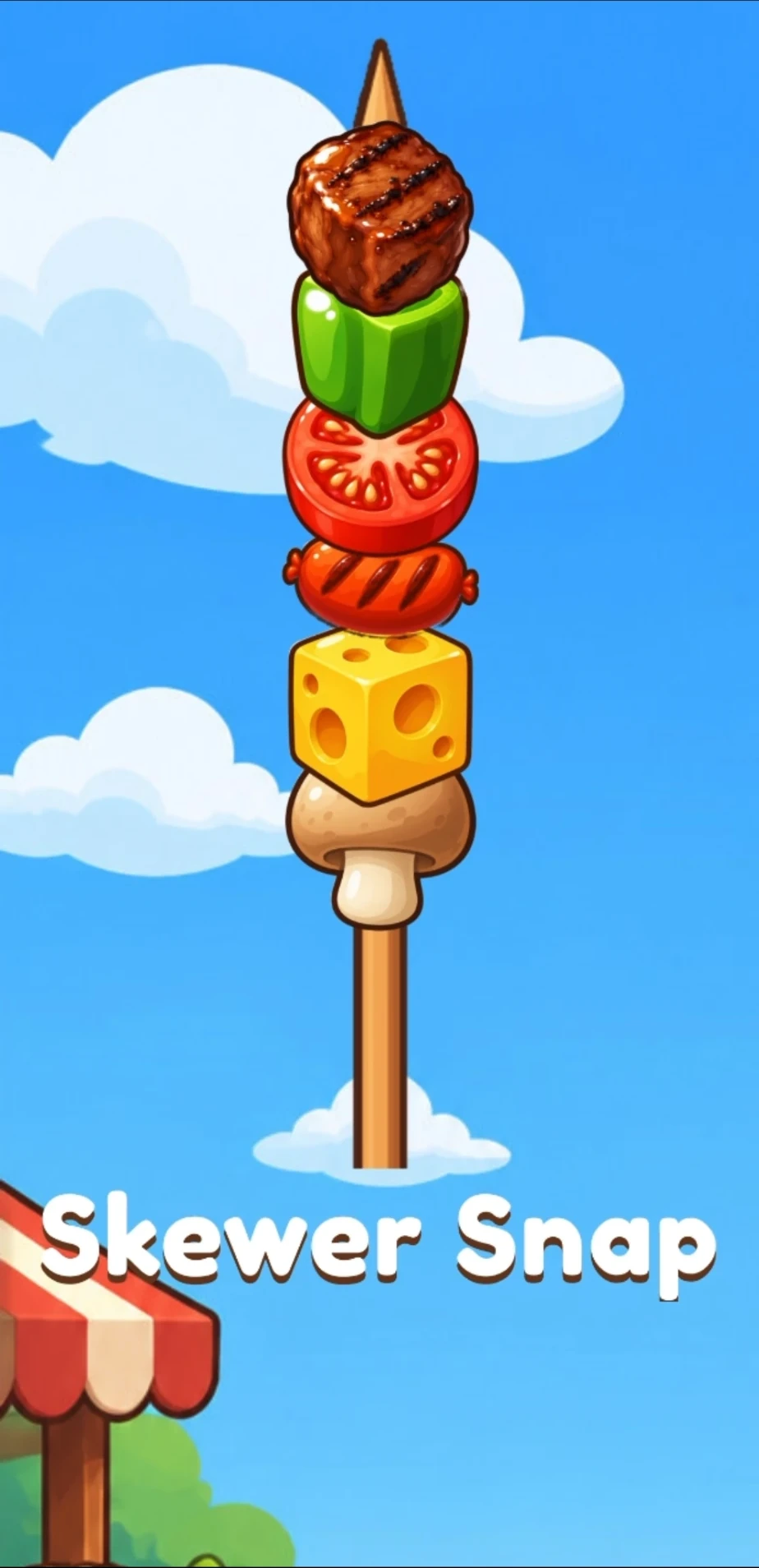 Skewer Snap’s title screen: a tall skewer stacked with a beef cube, green pepper, tomato slice, sausage, cheese and a mushroom, with the game’s name below.