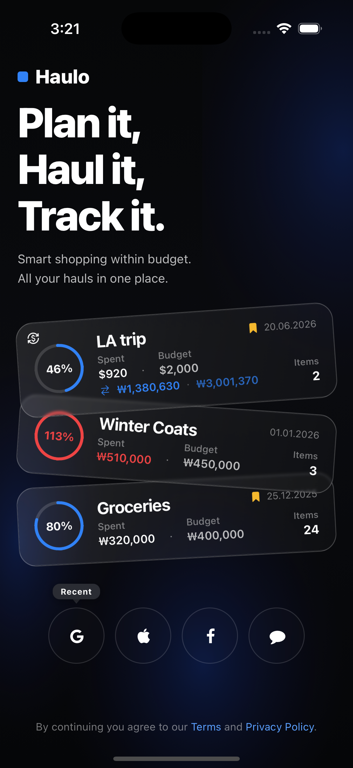 Haulo main screen — Plan it, Haul it, Track it with budget hauls